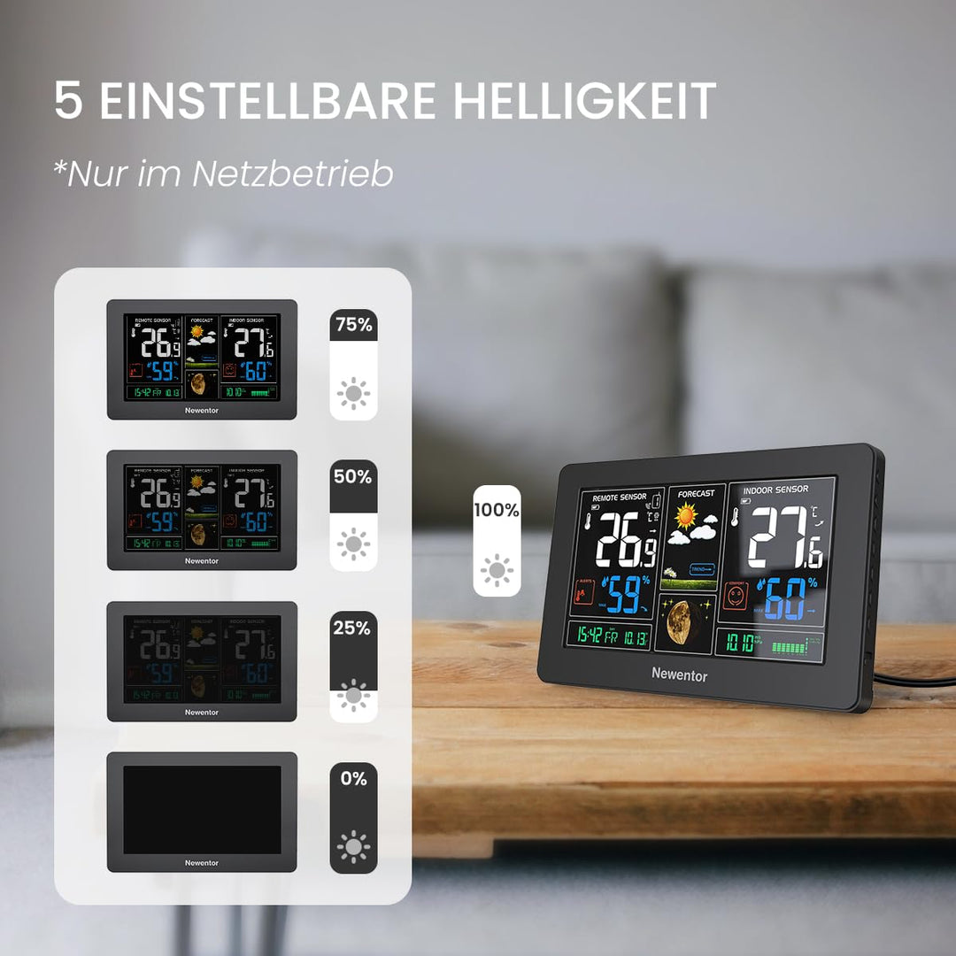 Newentor Wetterstation Funk mit Aussensensor - Funkwetterstation mit Wettervorhersage, Temperaturwar