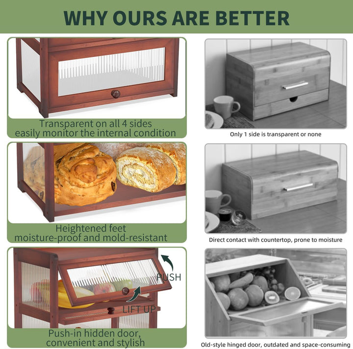 BAMBANG Extragross Bambus Brotkasten für Küchentheke, 2 Stufe Bauernhaus Brotbox, Holz Brotkasten Br