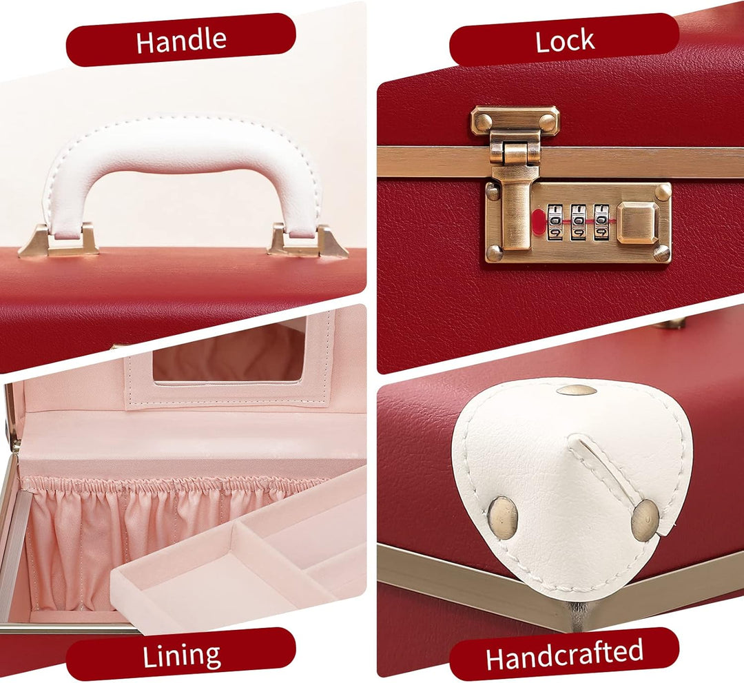 urecity Vintage Leder Kosmetikkoffer mit Spiegel - Hartschale Schminkkoffer für Damen, Reise Make-up