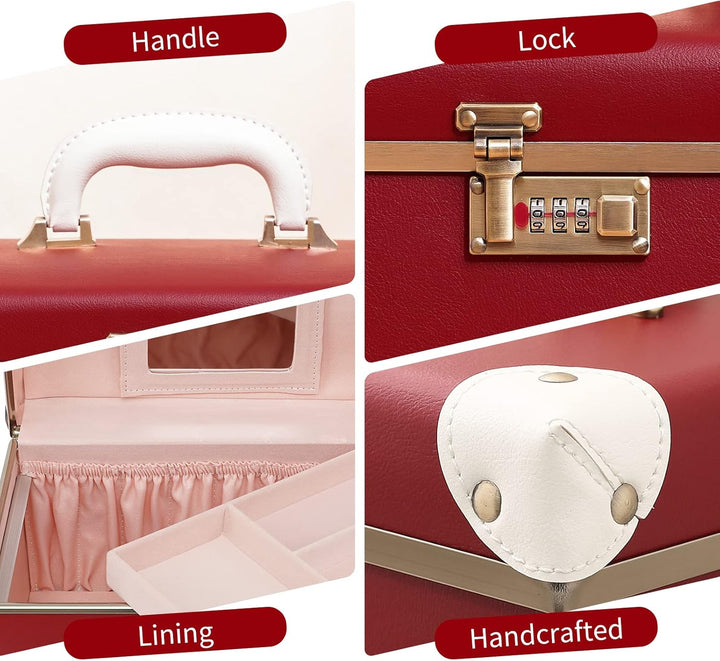urecity Vintage Leder Kosmetikkoffer mit Spiegel - Hartschale Schminkkoffer für Damen, Reise Make-up