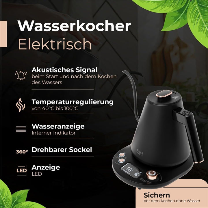 ADLER EUROPE AD 1349 Wasserkocher 1L – Schwarz-Gold, LED-Temperaturanzeige, 900W, Temperaturregulier