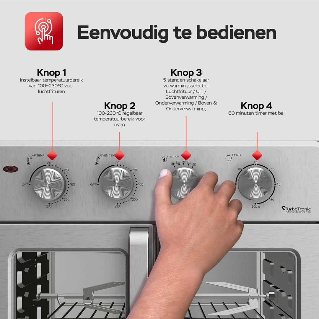 TurboTronic digitaler Heissluftofen - XXL 32 Liter mit Drehspiess für Hähnchen 4in1 Mini Backofen &