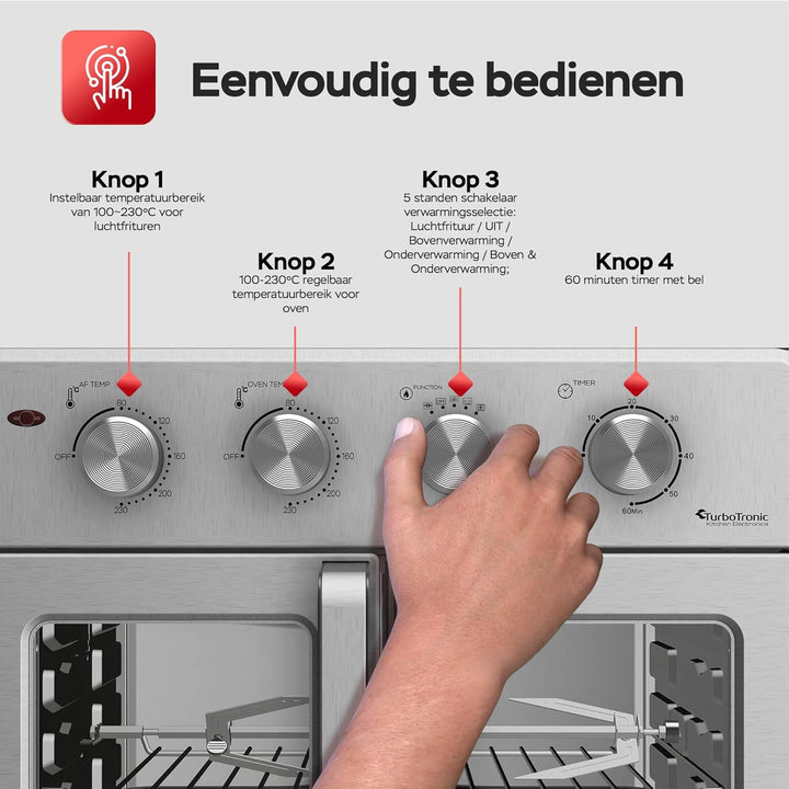 TurboTronic digitaler Heissluftofen - XXL 32 Liter mit Drehspiess für Hähnchen 4in1 Mini Backofen &