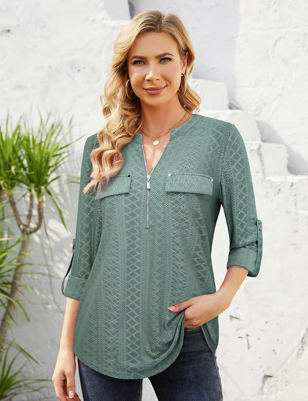 Siddhe Damen V-Ausschnitt Bluse 3/4 Ärmel Tunika Reissverschluss Langshirt Langarm Hemd Tops T-Shirt