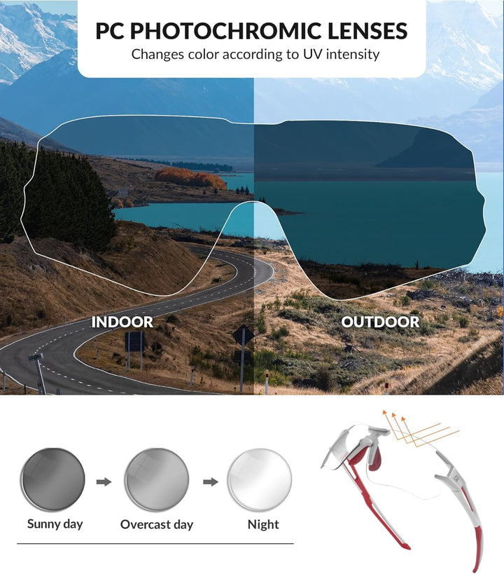 ROCKBROS Fahrradbrille Selbsttönend für Damen Herren, Photochrome Radsportbrille Sonnenbrille mit UV