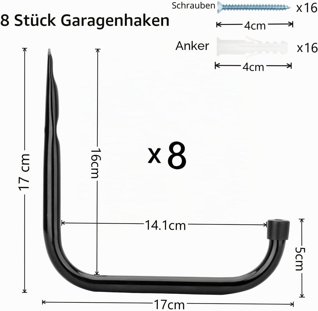 pipabiba 8 Stück Garagen-Leiterhaken, 17 cm, strapazierfähig, Wandmontage, Aufhänger für Fahrrad, Le