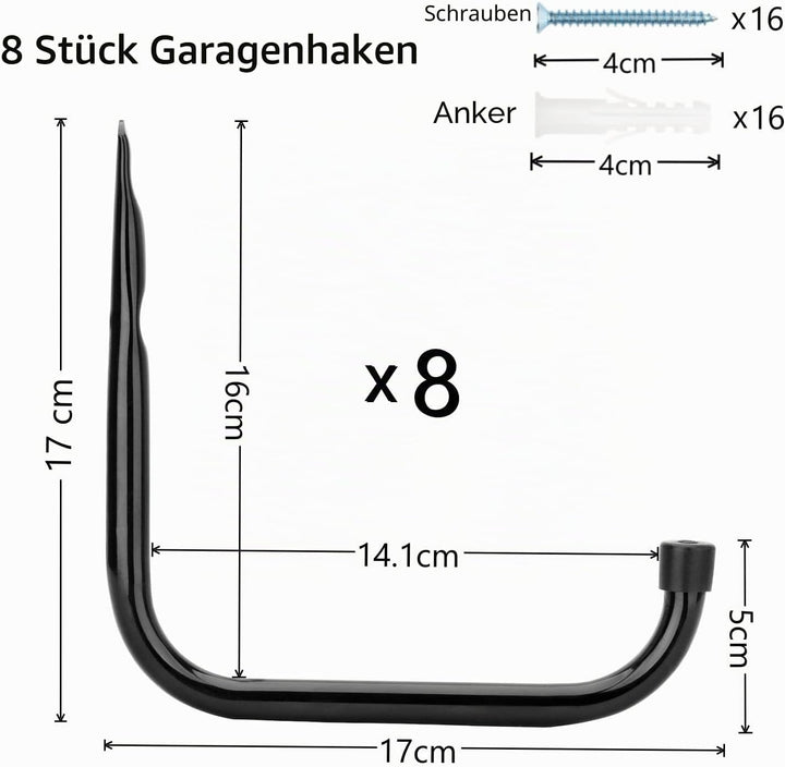 pipabiba 8 Stück Garagen-Leiterhaken, 17 cm, strapazierfähig, Wandmontage, Aufhänger für Fahrrad, Le