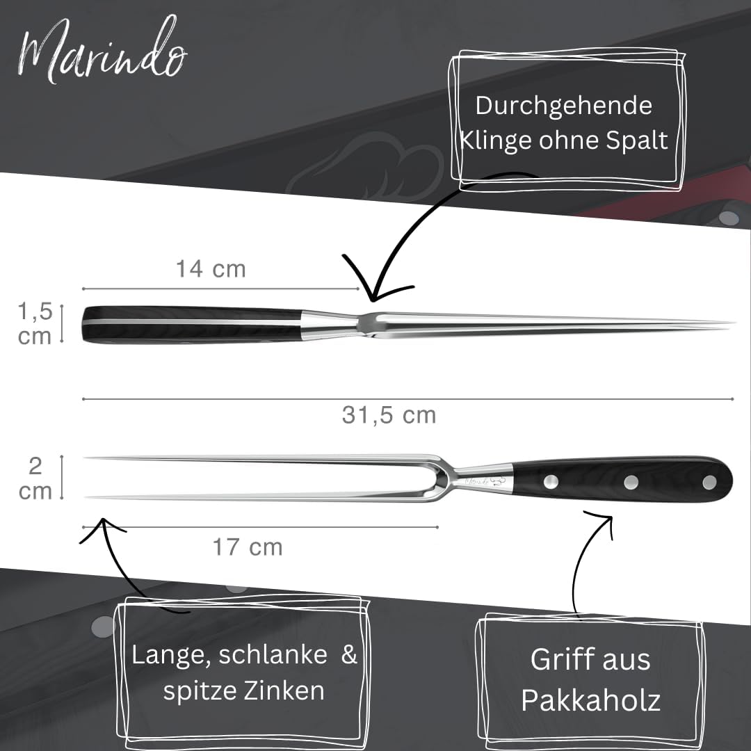 Marindo Profi Fleischgabel Edelstahl 31,5cm | Fleischgabel mit Holzgriff & 17cm Klingenlänge | Grill