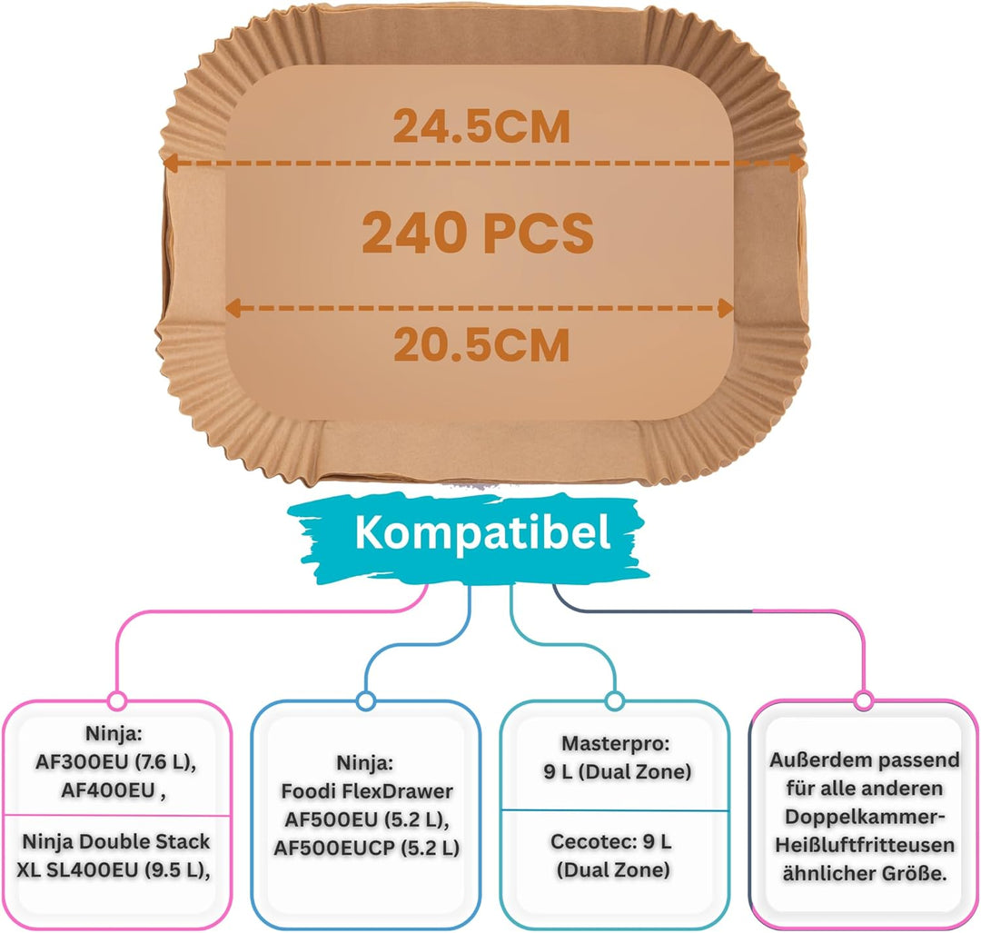 Triple K&S Airfryer Backpapier Philips 240 Stück, 20,5 x 14 cm – Kompatibel mit Ninja AF300EU, AF400