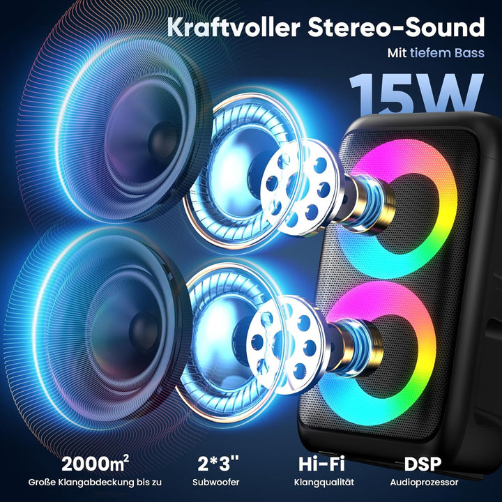 Partybox Bluetooth Party Lautsprecher mit 2 kabellosen Mikrofonen: 3-in-1 tragbare Musikbox für Gebu