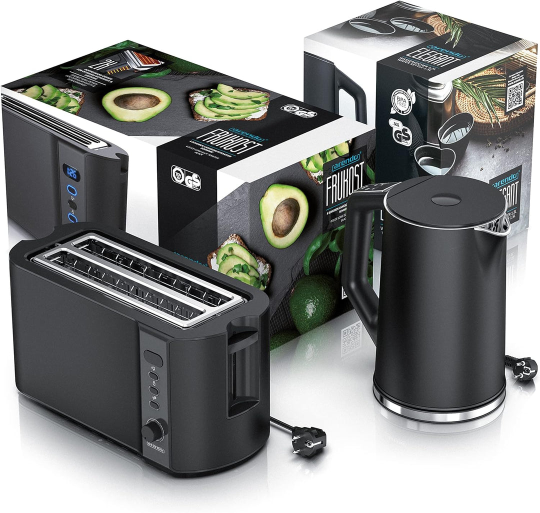 Arendo - Wasserkocher und Toaster SET Edelstahl Schwarz Wasserkocher 1,5L 40° 100°C Warmhaltefunktio