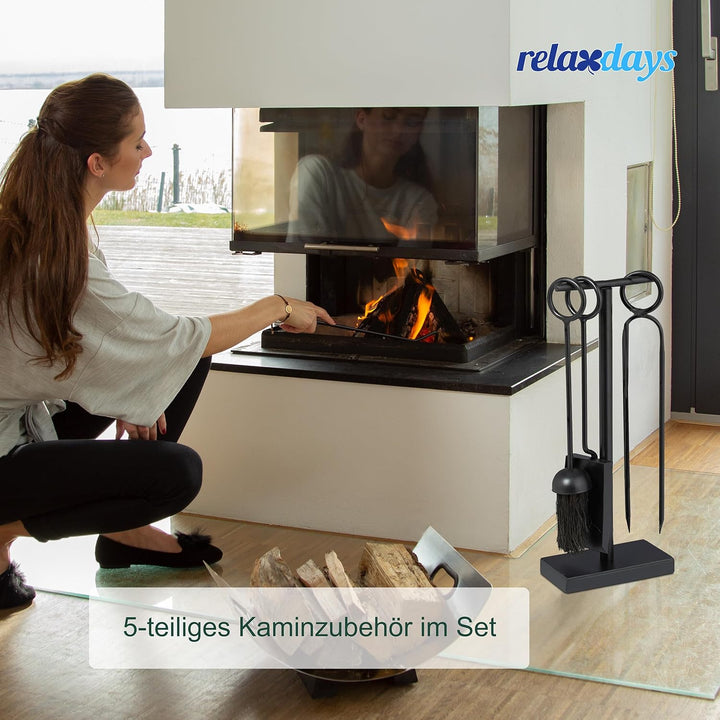 Relaxdays Kaminbesteck, 5-tlg. Set, Schürhaken, Ascheschaufel, Besen, Zange & Ständer, Ofengarnitur,