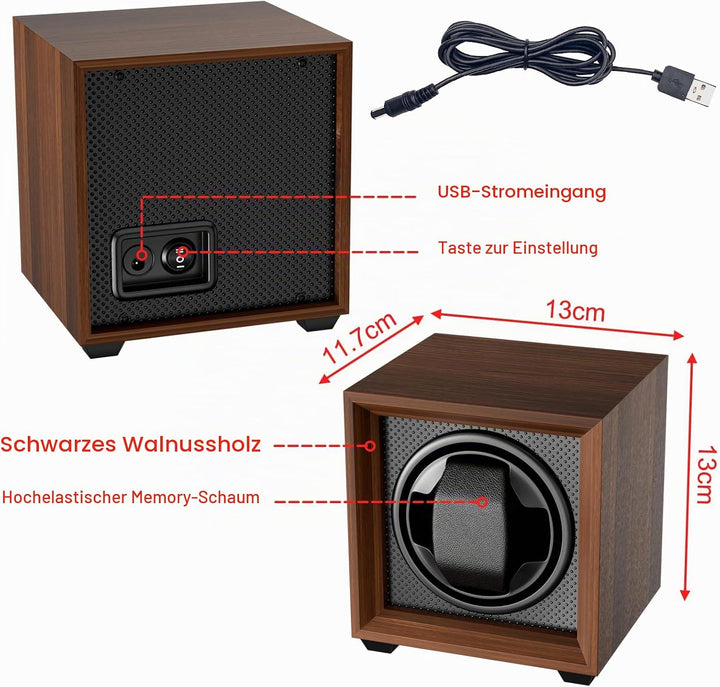Fousenuk uhrenbeweger für automatikuhren mit leisem Motor, 2 einstellmodi, quadratisch nussbaumfarbe