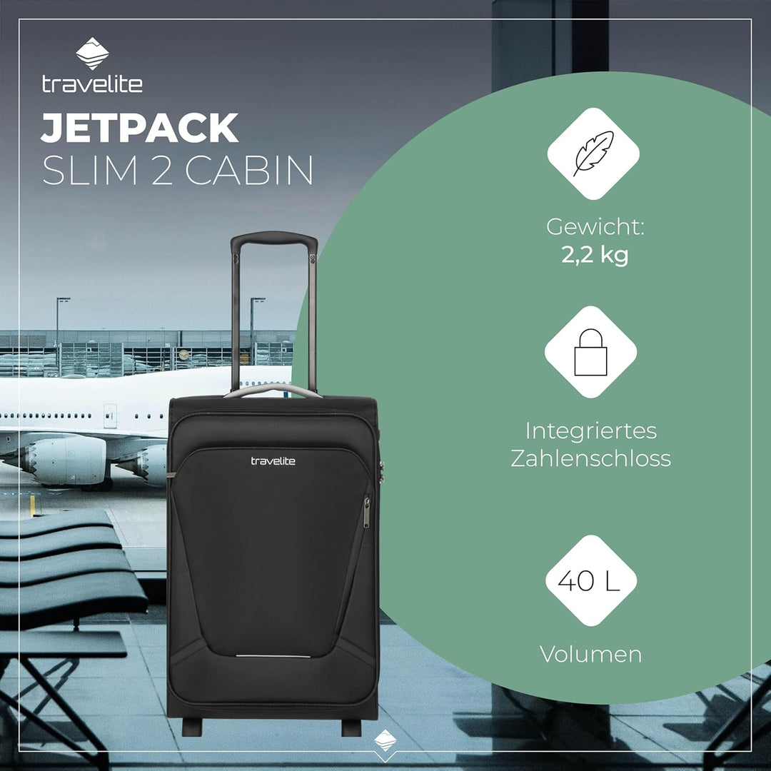 Travelite Handgepäck Trolley klein, Jetpack S Slim, Weichschale, 55x35x23 cm, leicht 2,2 kg, mit 2 R