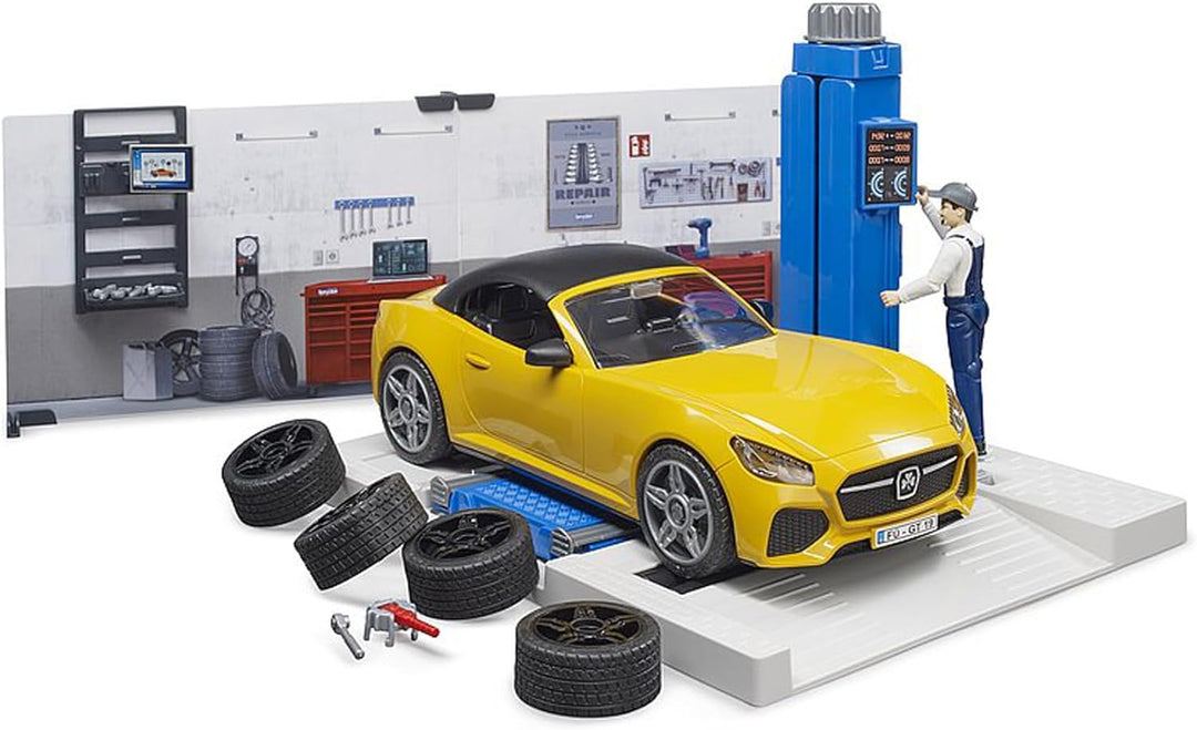 bruder 62110 - Bworld PKW-Werkstatt inklusive Roadster - 1:16 Auto-Werkstatt Mechaniker Spielzeug-Fi