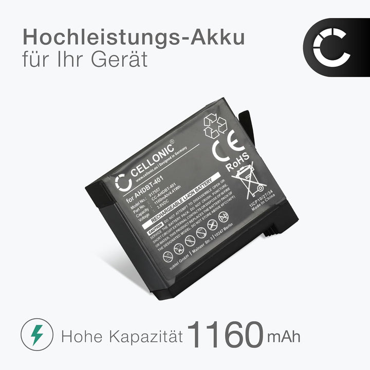 CELLONIC, Akku für Kamera kompatibel mit GoPro Hero 4, 4 Black, 4 Silver, 4 Plus (3.8V, 1160mAh) 1x