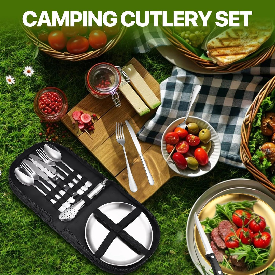 Tragbares Camping-Geschirr-Set, 13-teilig, 2 Personen, Edelstahl, für Outdoor, Camping, Picknick Sil