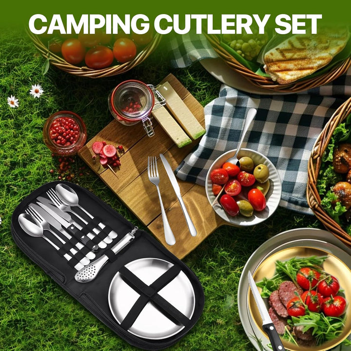 Tragbares Camping-Geschirr-Set, 13-teilig, 2 Personen, Edelstahl, für Outdoor, Camping, Picknick Sil