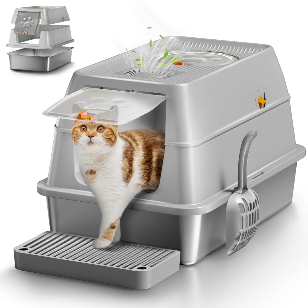 XXL Edelstahl Katzenklo geruchsfrei mit Deckel, grosse Katzentoilette aus Edelstahl, Geschlossen Kat