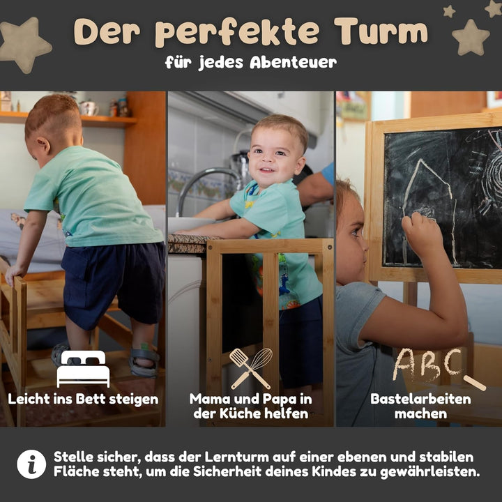 Montessori Lernturm ab 1 Jahr – Lernturm klappbar aus Bambus, 3 in 1 Learning Tower mit Tafel, höhen