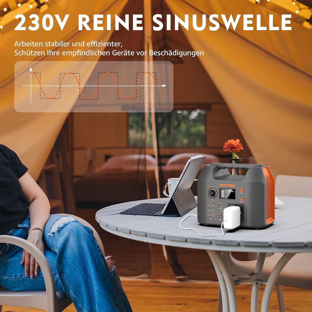 SinKeu Tragbare Powerstation 296WH, Solar Generator mit 230V 300W Reine Sinuswelle AC Steckdose,12V