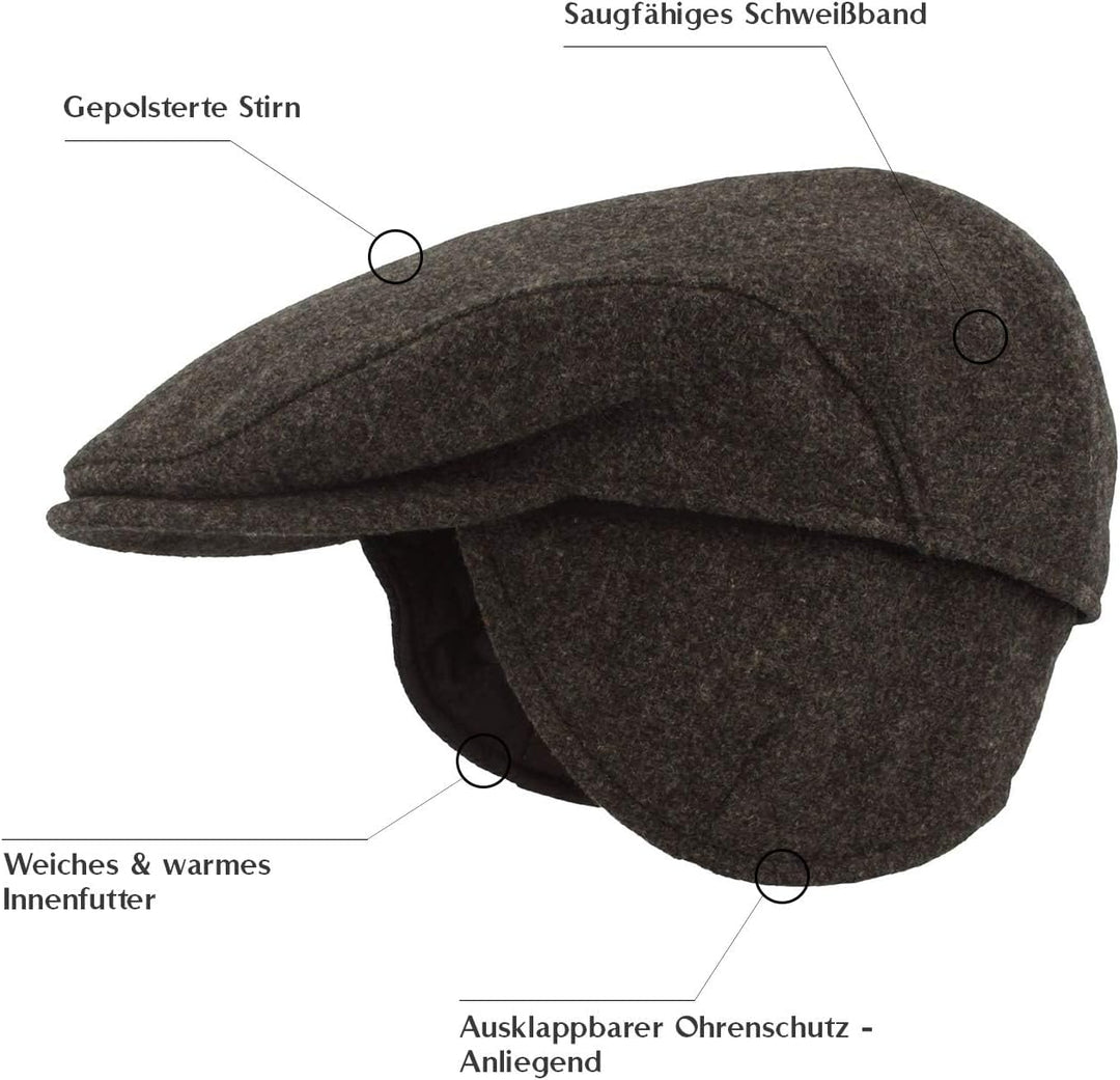 Breiter Herren Winter Schiebermütze mit Ohrenklappen Flatcap Schirmmütze 100% Wolle mit ausklappbare