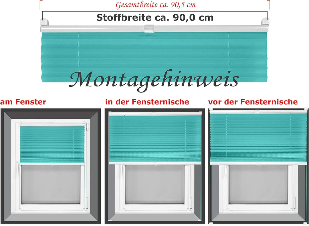 Plissee - vormontiert und mit Klemmfixierung am Fensterahmen - kinderleichte 3-Step Montage, ca. 90