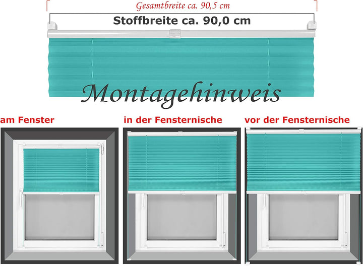 Plissee - vormontiert und mit Klemmfixierung am Fensterahmen - kinderleichte 3-Step Montage, ca. 90