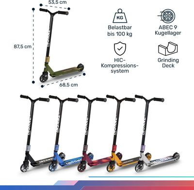Fun Pro Stunt Scooter Insane2, Stunt Roller mit ABEC 9 Lager, Scooter mit Griptape, 110 mm Rollen mi