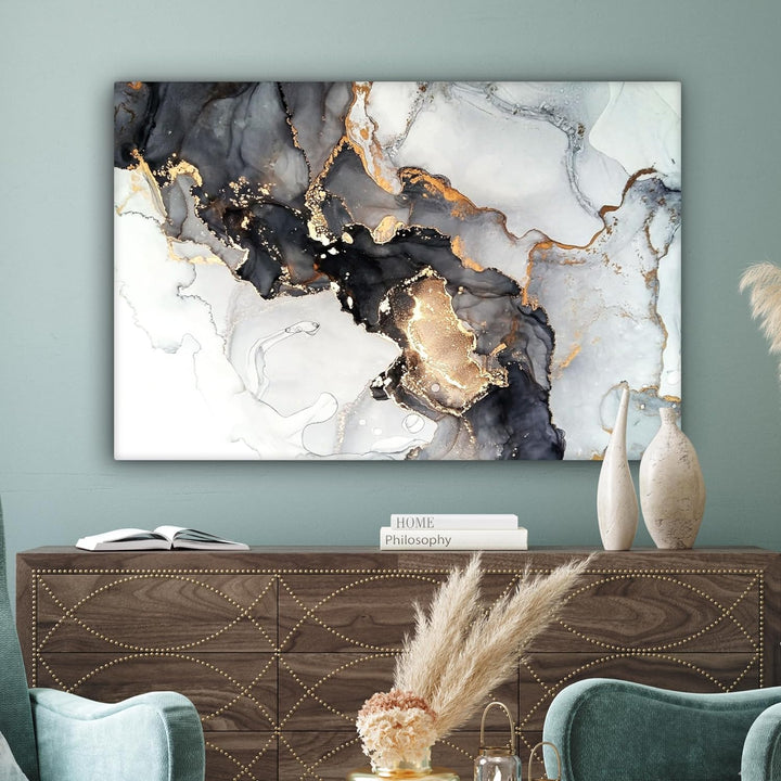MuchoWow© Bild auf Leinwand Gross 120x80 cm XXL Schlafzimmer Bilder Wand Goldene Deko Wohnzimmer Mod