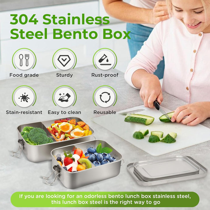 2 Pack 1400/850ml 304 Edelstahl Lunch Box und Lebensmittelbehälter mit Deckel Auslaufsicheres verste