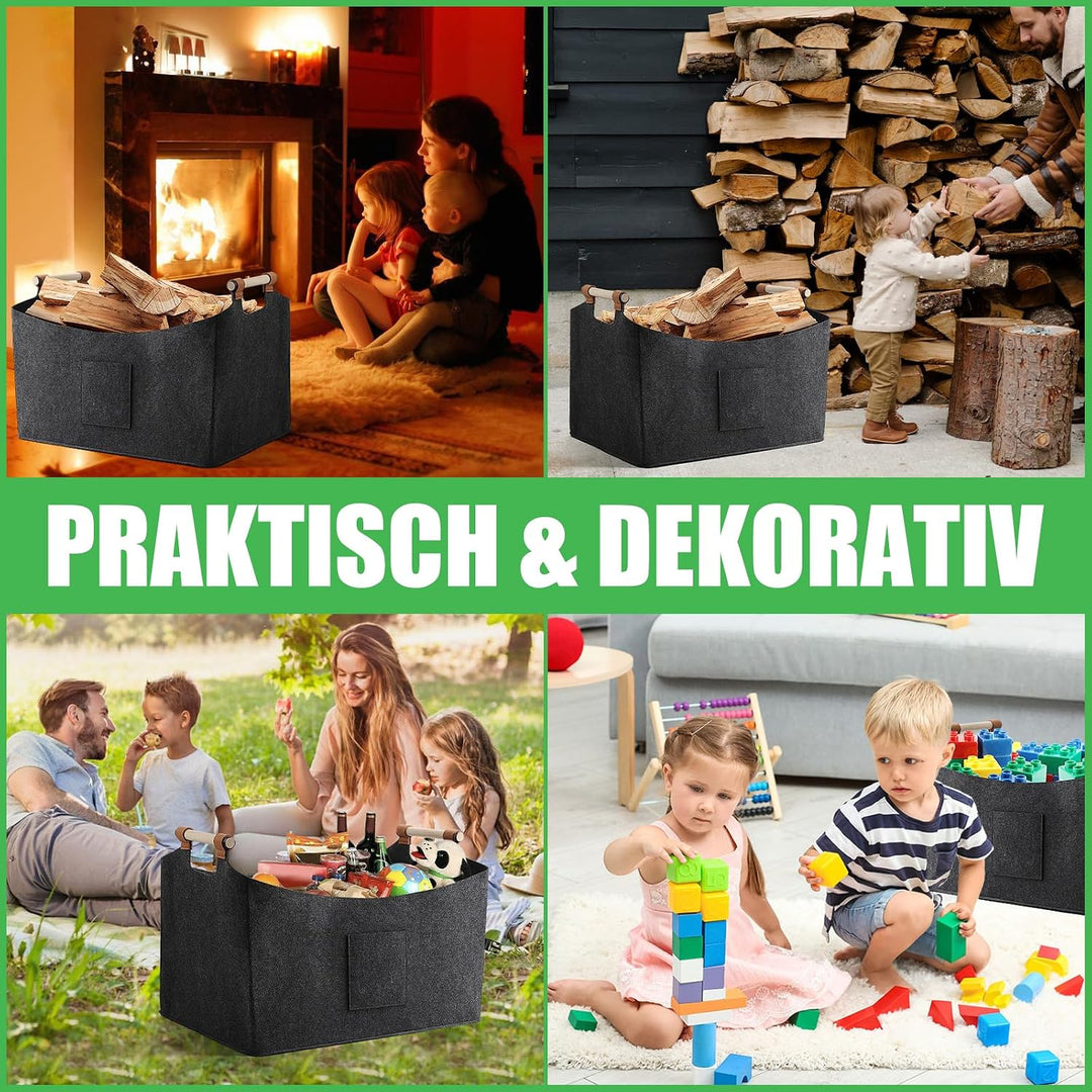 XXXL 100L Filzkorb Holzkorb für Kaminholz Brennholzkorb Faltbare Filztasche mit rutschfester Griffe