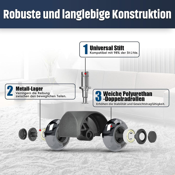 Sytopia Universal Bürostuhlrollen, 5er Set Bürostuhl Rollen 11x22MM, Perfekte Leise Gummirollen für