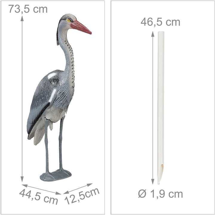 Relaxdays Reiher Gartenfigur, 2er Set, gegen Fischreiher, für Gartenteich, mit Erdspiess, Kunststoff