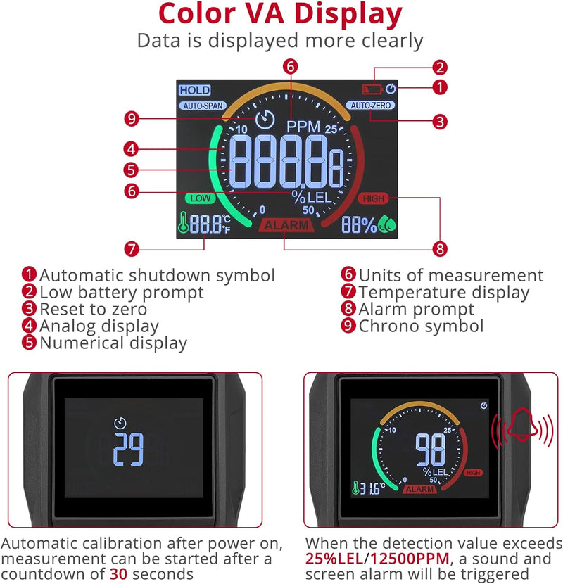 XUNTOP Erdgas Gasmelder Tragbarer Gasleckdetektor Mit Farb-LCD-Display, Akustischer und Visueller Al