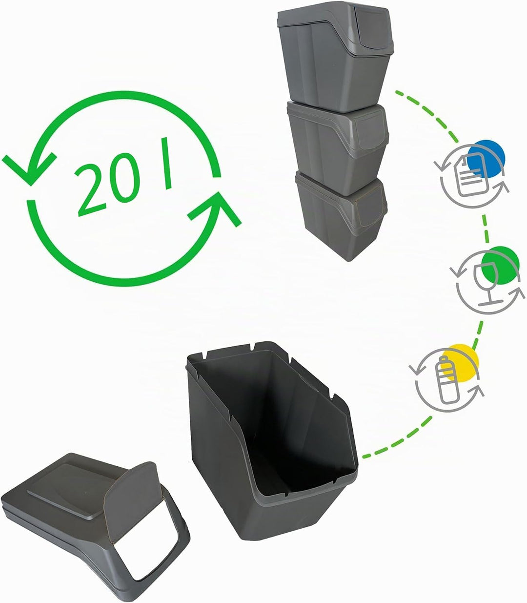 Prosperplast Sortibox Mülleimer Mülltrennsystem Abfalleimer Behälter 3x20L Grau Grau 3x20 Litros, Gr