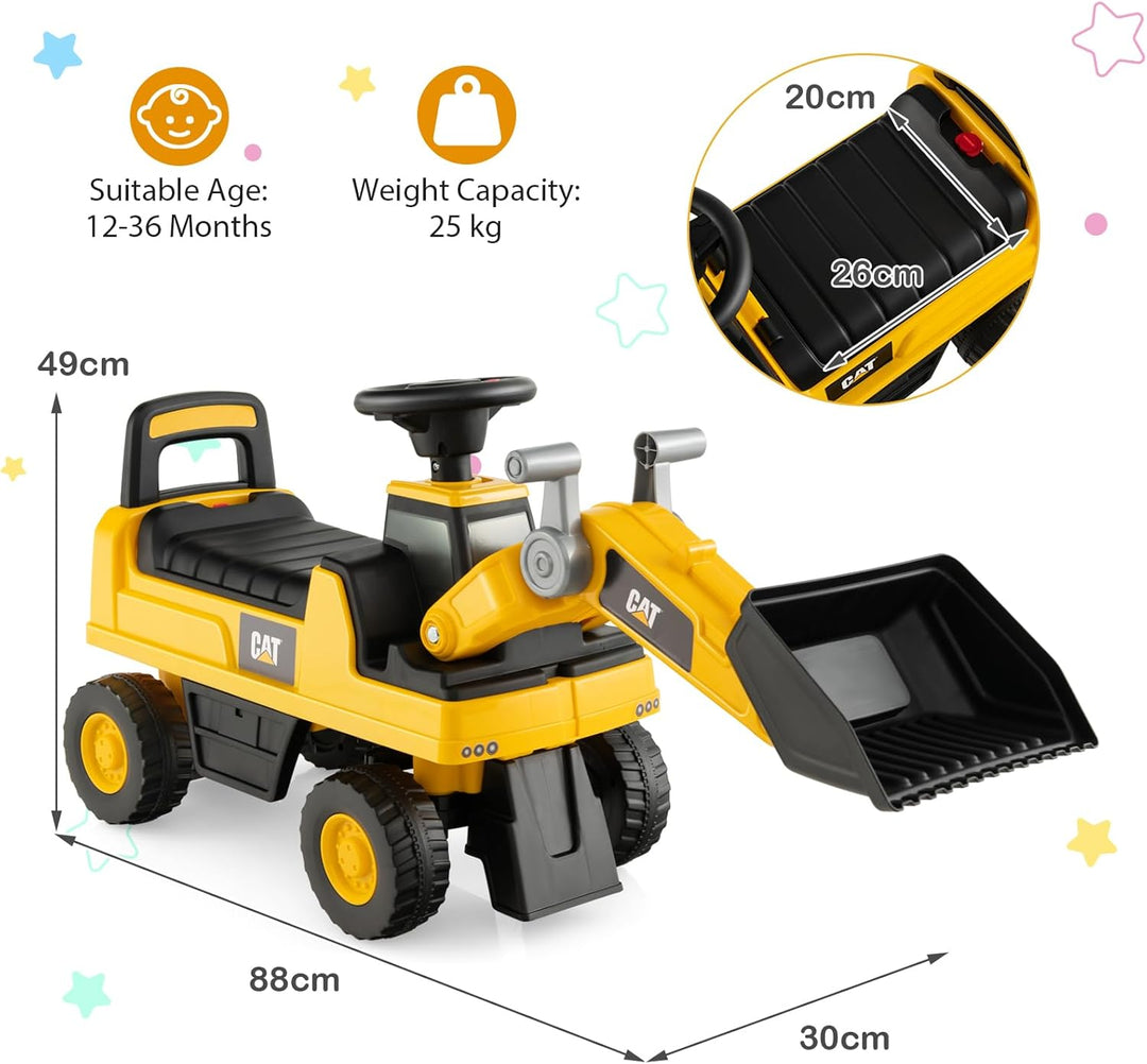 SOARS Sitzbagger, Kinderbagger mit Lenkbarer Schaufel, Rutschauto mit Hupe, verstecktem Stauraum & K