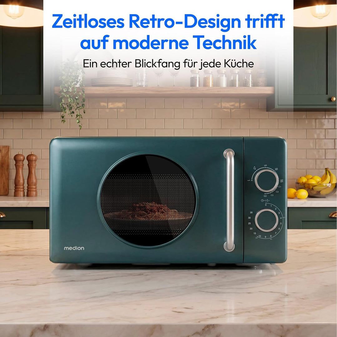 MEDION Retro Mikrowelle mit Grill - 20 Liter klein &amp; kompakt - petrol | 800 Watt, 5 Mikrowellenstufe