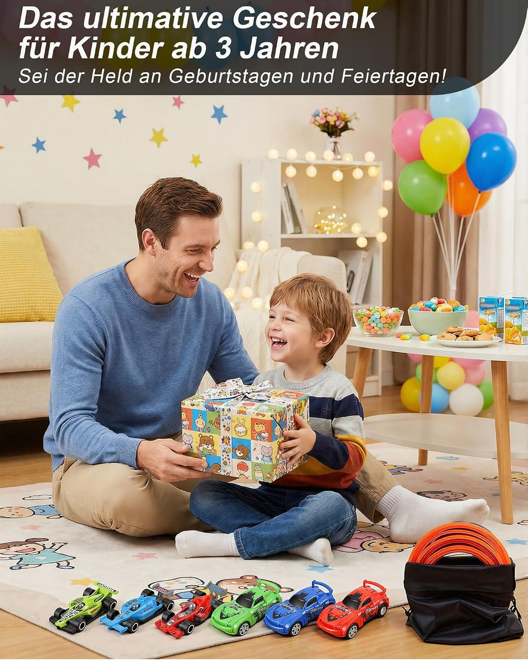 Flexible 3-Spur-Rennbahn für Kinder, 5 m Lange aufrollbare Rennbahn mit 6 Autos, batterieloses Set o