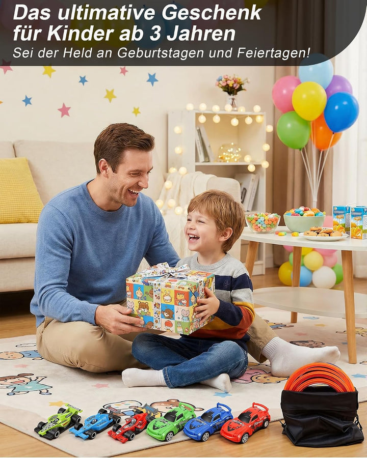 Flexible 3-Spur-Rennbahn für Kinder, 5 m Lange aufrollbare Rennbahn mit 6 Autos, batterieloses Set o
