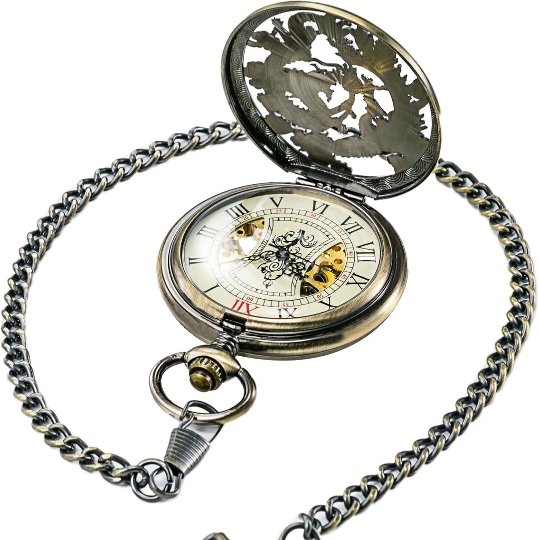 TREEWETO Unisex Taschenuhr mit Kette Analog Handaufzug Antik Drache Phönix Skelett Bronze