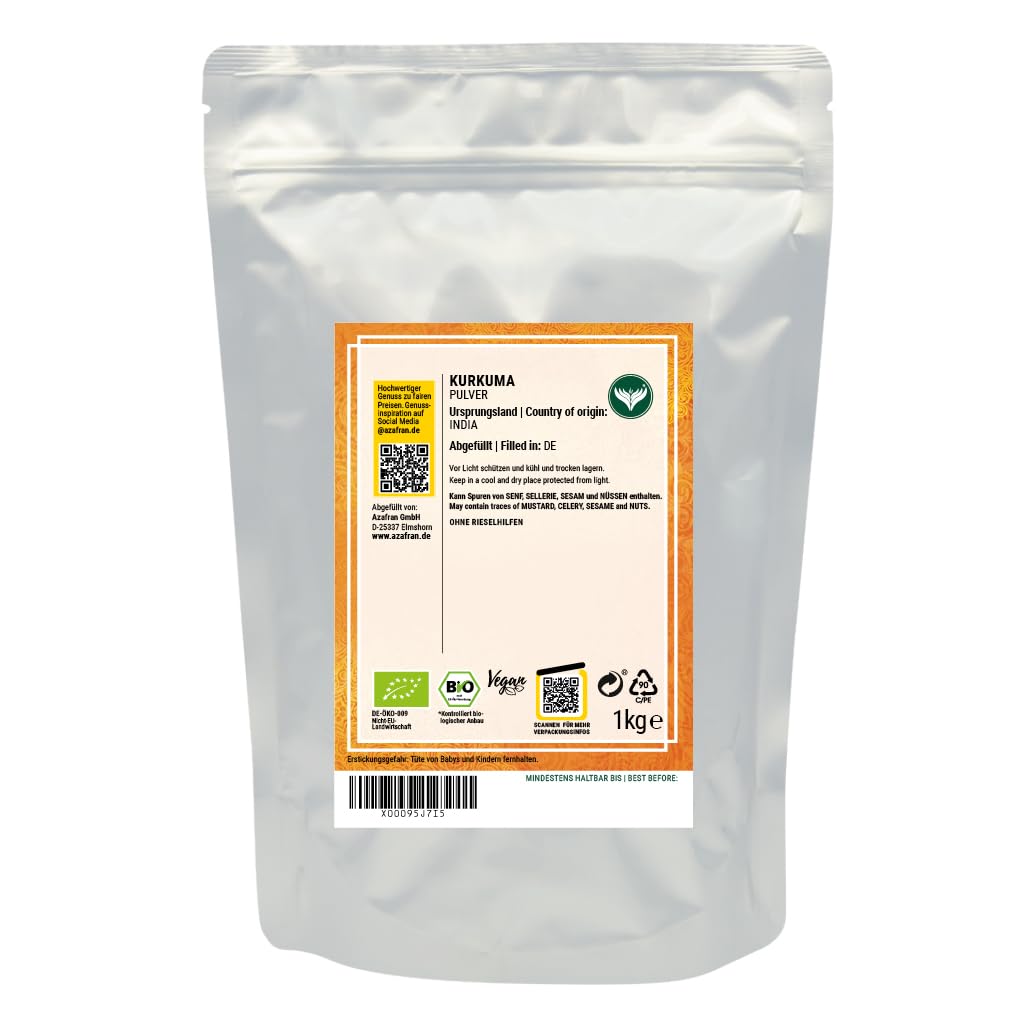 Azafran BIO Kurkuma Pulver, Kurkumawurzel fein gemahlen, Kurkumapulver als Gewürz oder für Curcuma T