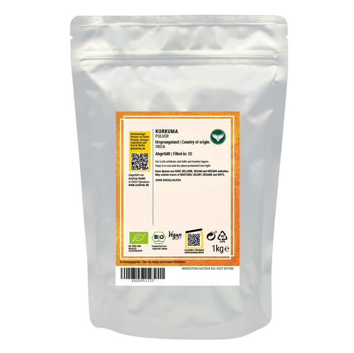 Azafran BIO Kurkuma Pulver, Kurkumawurzel fein gemahlen, Kurkumapulver als Gewürz oder für Curcuma T