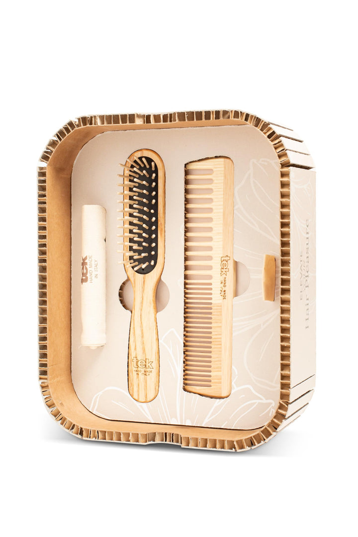 TEK - Hair Pleasure Set, Bürsten- und Kamm-Set aus Holz, inklusive Ersatzzähne, Natürliches und Hand