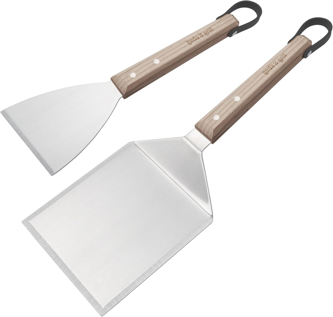 GEDA Grill Plancha Grillplatte Edelstahl Set, massiv 4mm, rostfrei, 49x 30x 4cm – mit 2-tlg. Grillsp