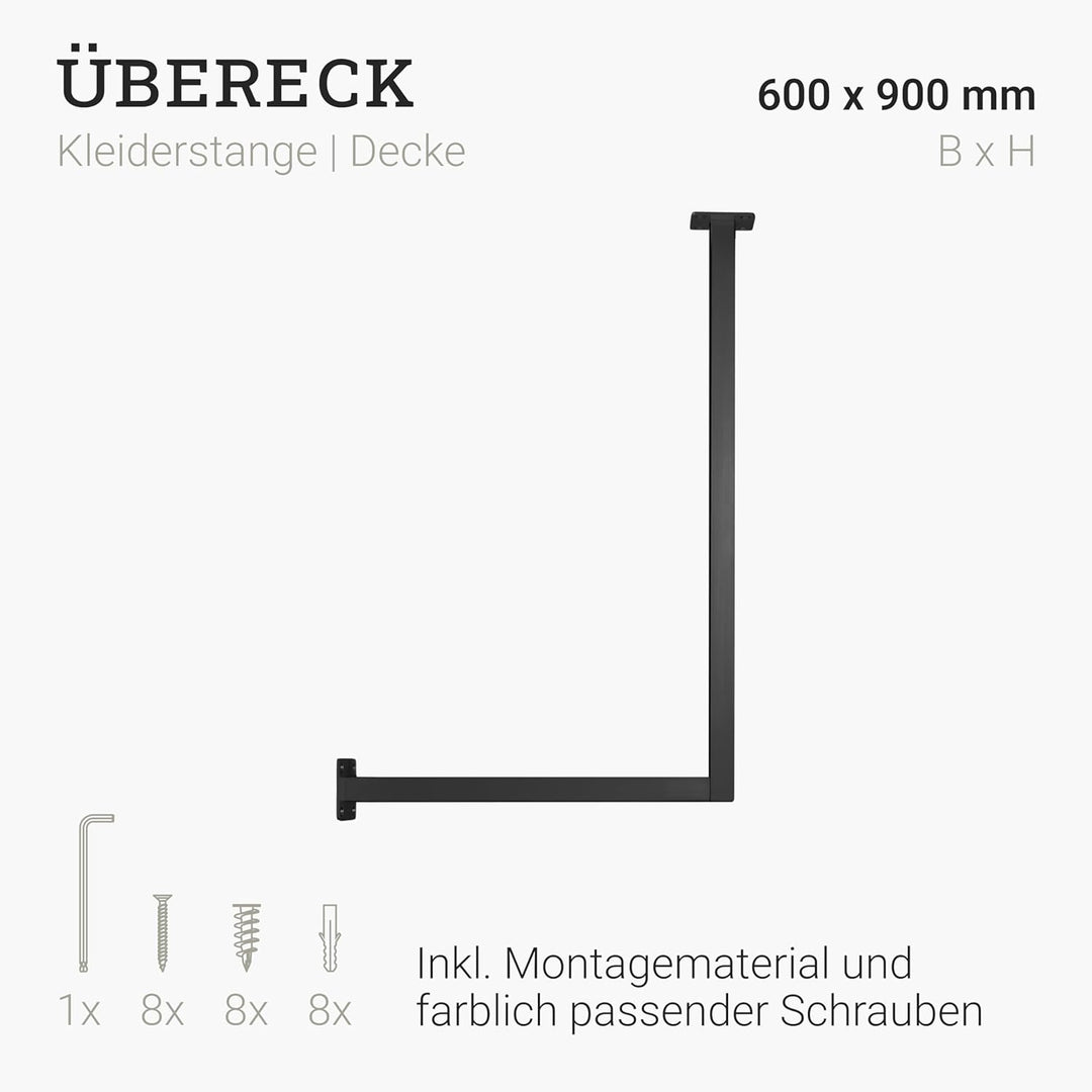 Natural Goods Berlin 1x Kleiderstange schwarz ÜBERECK Deckenmontage 60x90cm - Garderobenstange L-For