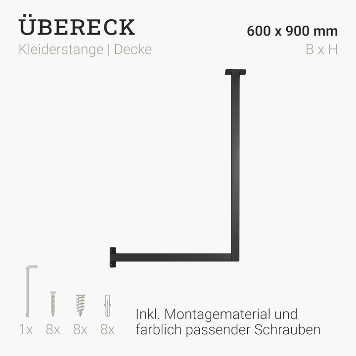 Natural Goods Berlin 1x Kleiderstange schwarz ÜBERECK Deckenmontage 60x90cm - Garderobenstange L-For