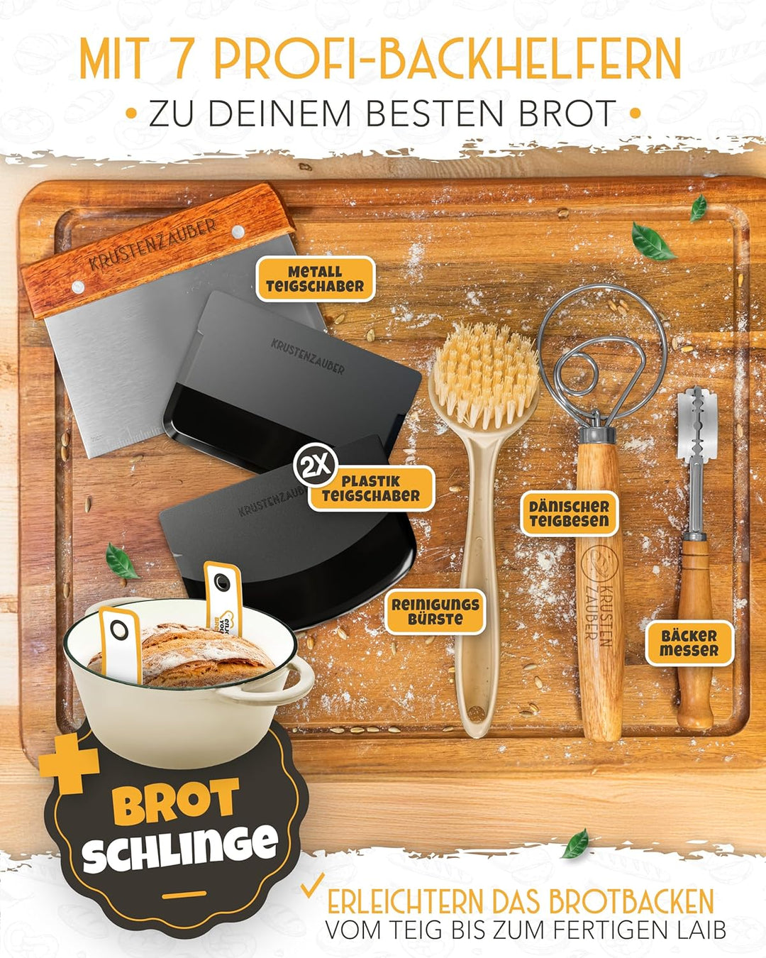Gusseisen Topf Brot Backen emailliert im XXL Set - Brotbackform mit Deckel inkl Gärkorb, Schneebesen
