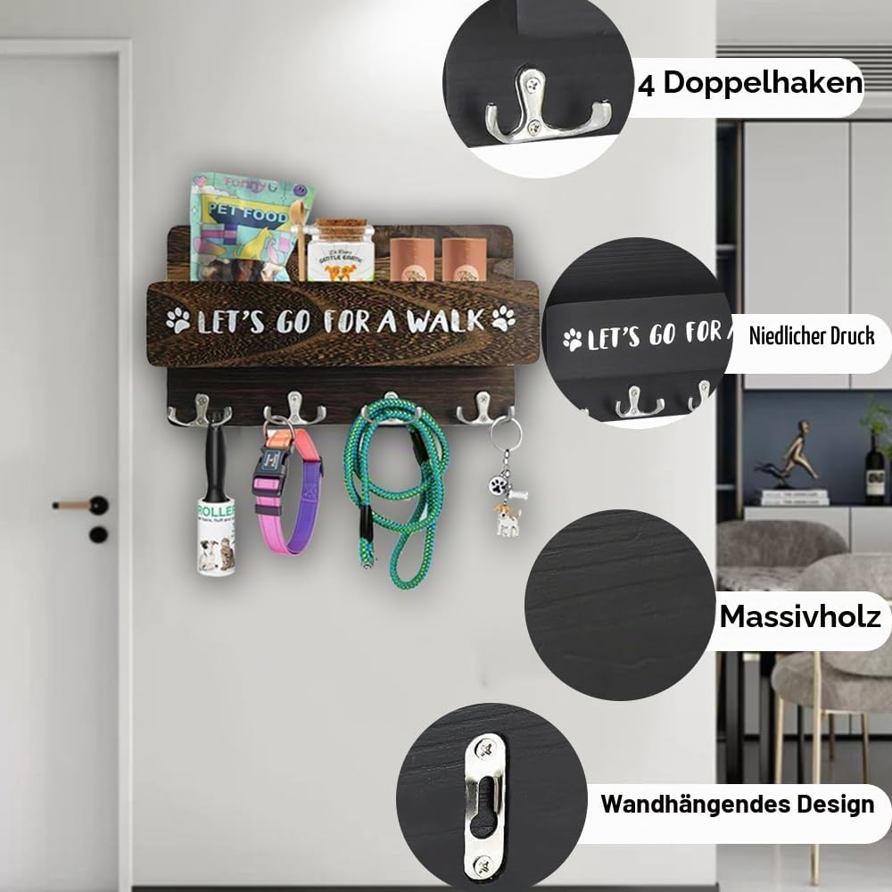 Hundegarderobe mit Ablage, Hundeleinenhalter Wand für Ordnen von Leinen und Zubehör, Wandhaken für H