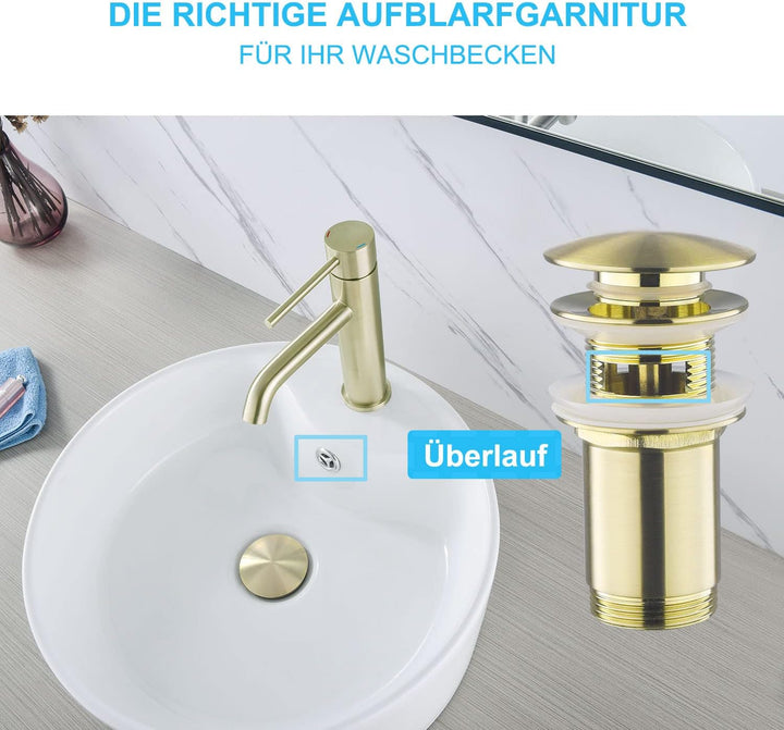 SET - Design Siphon mit Ablaufgarnitur mit Überlauf für Waschbecken Gebürstete Gold – Keymark Univer